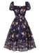 Navy Blue Floral Bubble Sleeves Dress