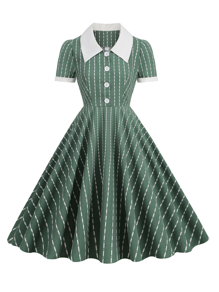1950s Lapel Vertical Stripes Swing Dress