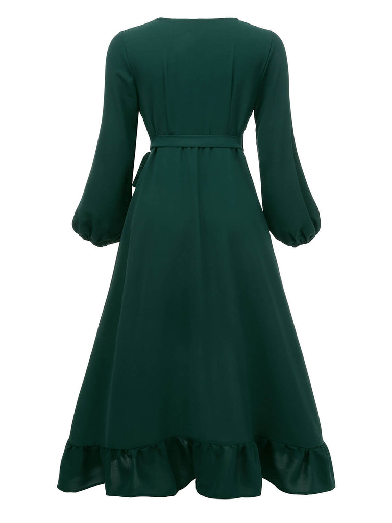 Green 1950s Lantern Sleeve Wrap V-Neck Dress