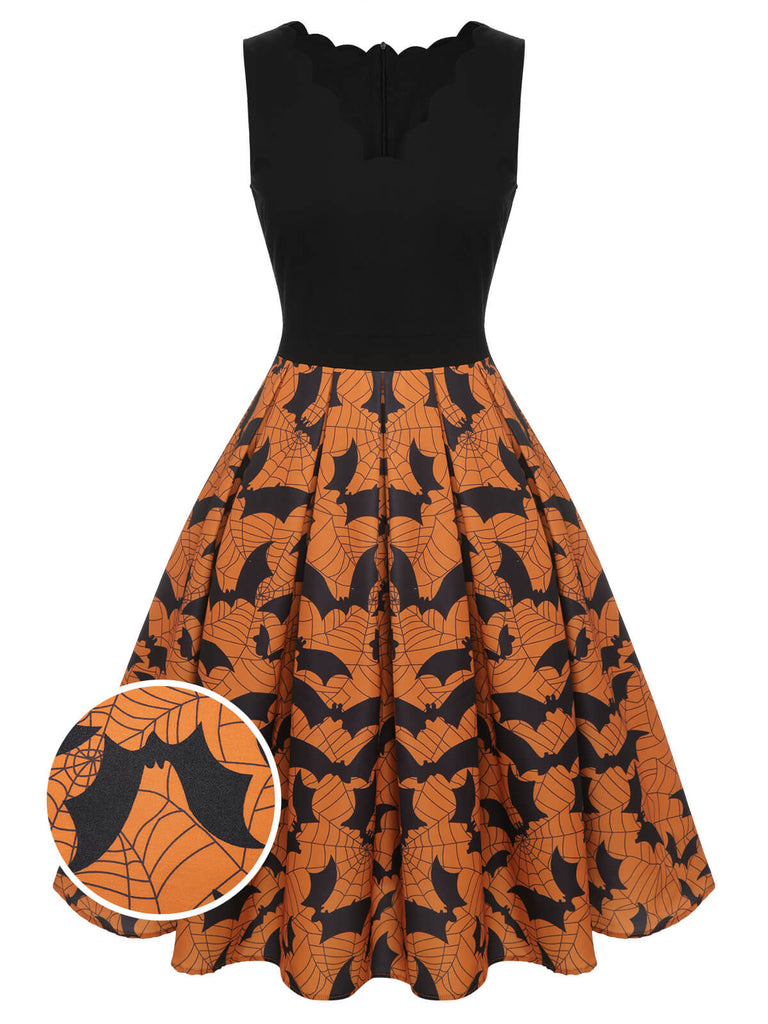 Black & Orange 1950s Halloween Bat Sleeveless Dress