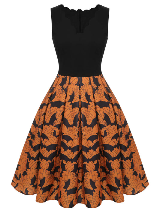 Black & Orange 1950s Halloween Bat Sleeveless Dress