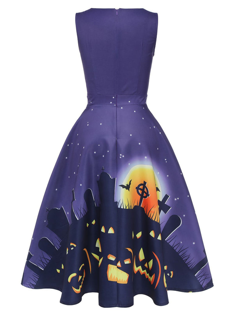 Deep Purple 1950s Halloween V-Neck Swing Dress
