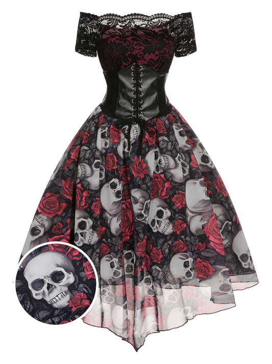 1950s Halloween Skull Rose Lace Mesh Dress