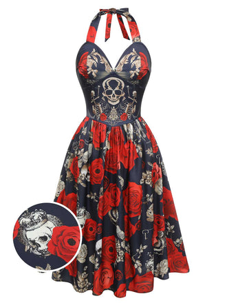 Black 1950s Sweetheart Skeleton Rose Swing Dress