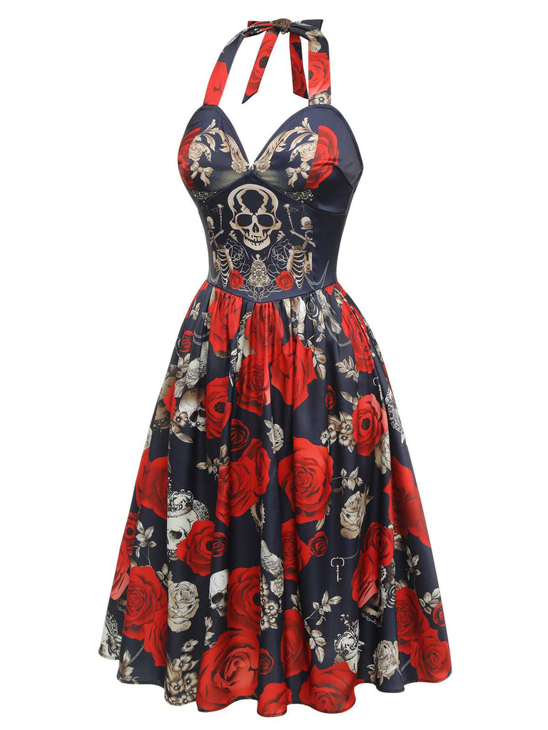Black 1950s Sweetheart Skeleton Rose Swing Dress