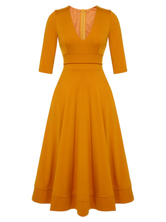 Orange 1950s Waisted Mid-sleeve V-Neck Dress, vintage dress, retro fashion, rockabilly, pin-up fashion - perfect for women who love vintage and retro fashion