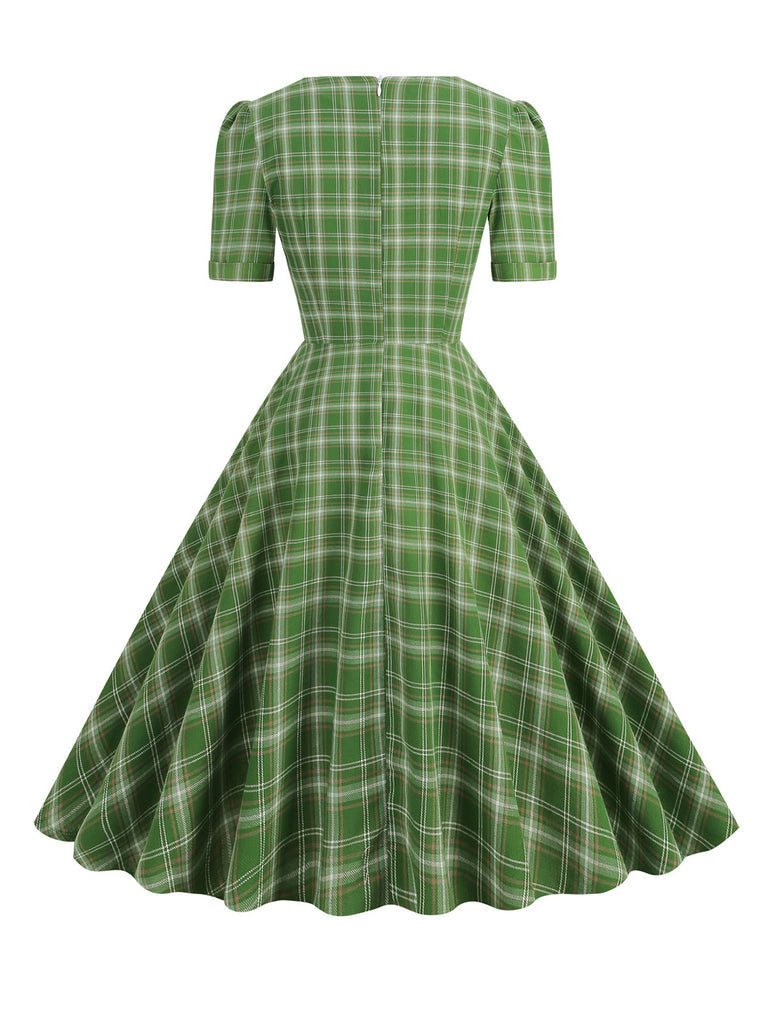 1950s Gingham Plaid Square Neck Flared Dress