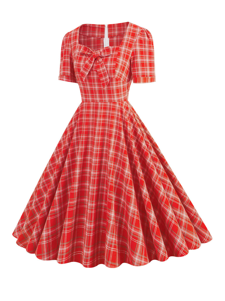 1950s Gingham Plaid Square Neck Flared Dress