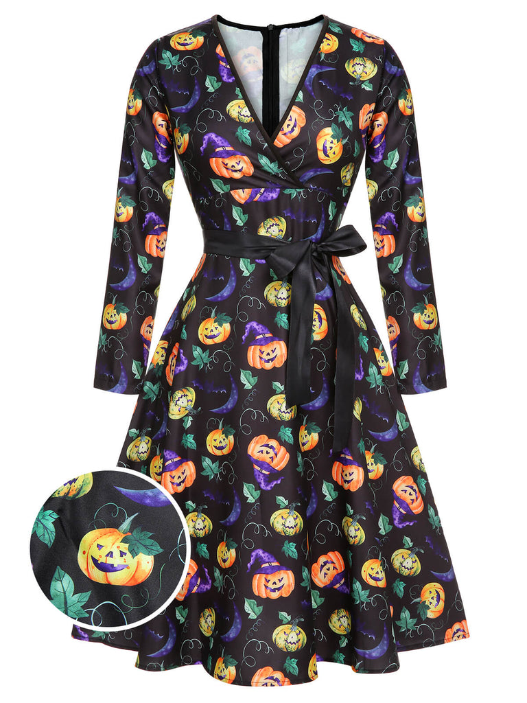 Black Halloween Pumpkins V-Neck Dress