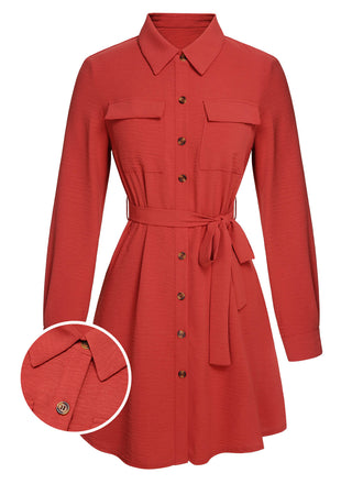 Red 1970s Lapel Long Sleeve Shirt Dress