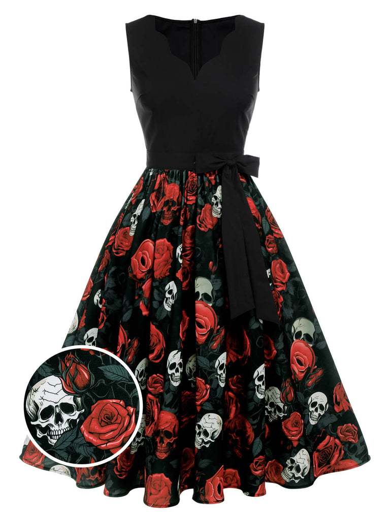 Black 1950s Halloween Skull Rose Sleeveless Dress