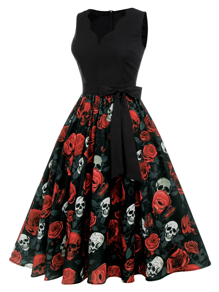 Black 1950s Halloween Skull Rose Sleeveless Dress