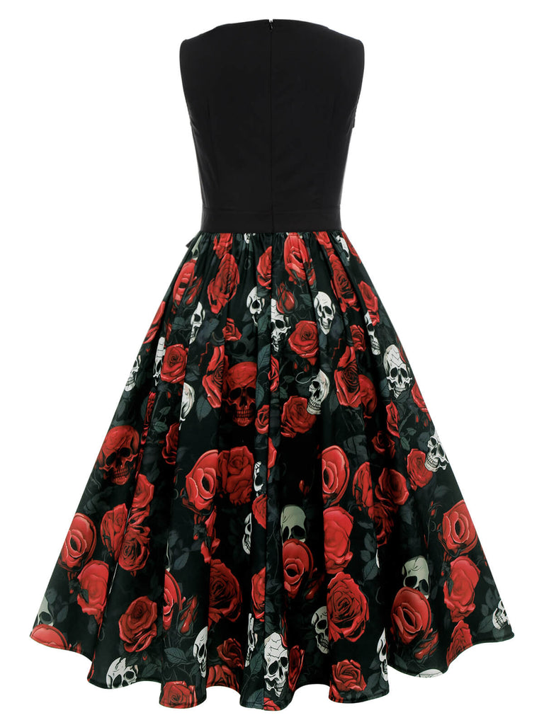 Black 1950s Halloween Skull Rose Sleeveless Dress