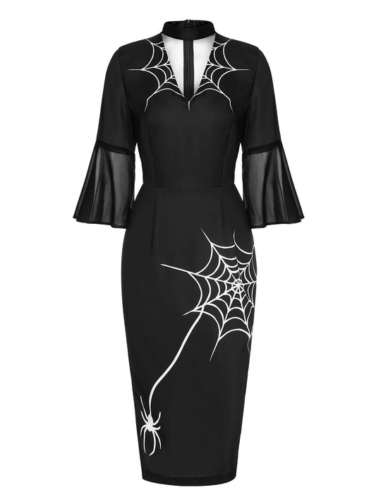 Black 1960s Halloween Spider Net Bell Pencil Dress