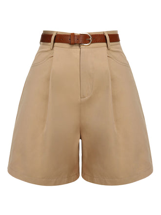 Khaki 1950s Solid Cotton Blend Belted Shorts