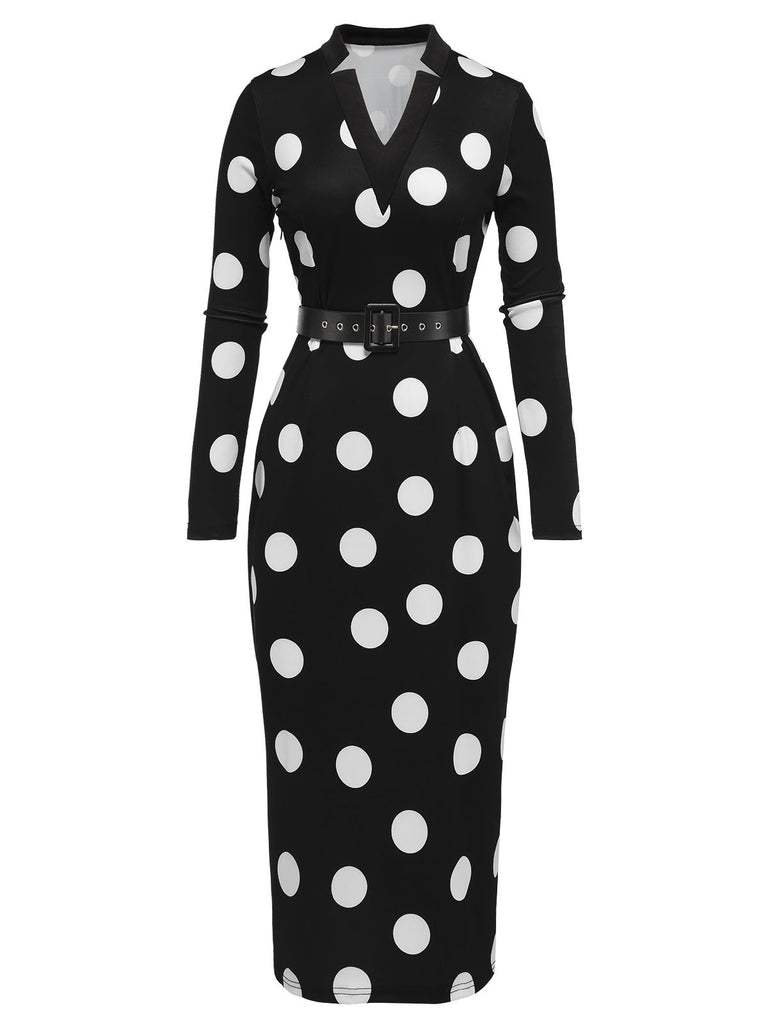 Black 1960s Polka Dot V-Neck Dress