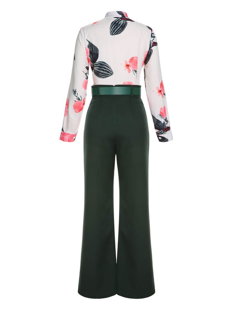 2PCS 1930s Floral Blouse & Green Wideleg Pants