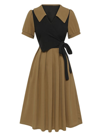 Khaki 1940s Fake 2PCS Lapel A-Line Dress