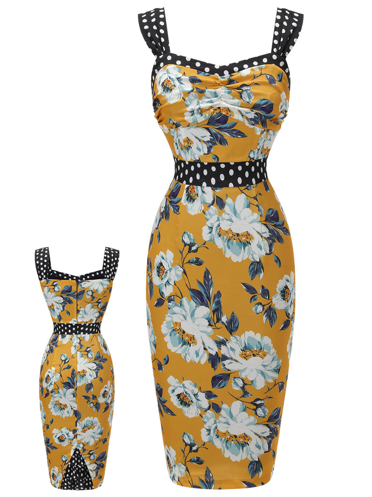 Yellow 1950s Florale Dots Patchwork Pencil Dress