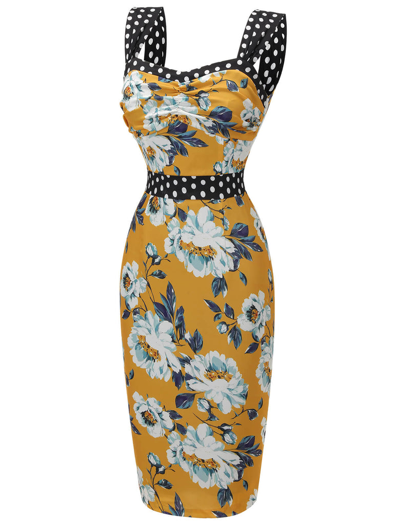 Yellow 1950s Florale Dots Patchwork Pencil Dress