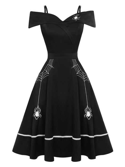 Black 1950s Halloween Off-Shoulder Spider Web Dress