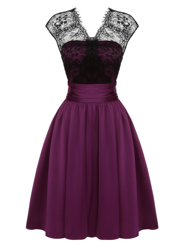 Dark Purple 1950s Lace Patchwork V-Neck Dress