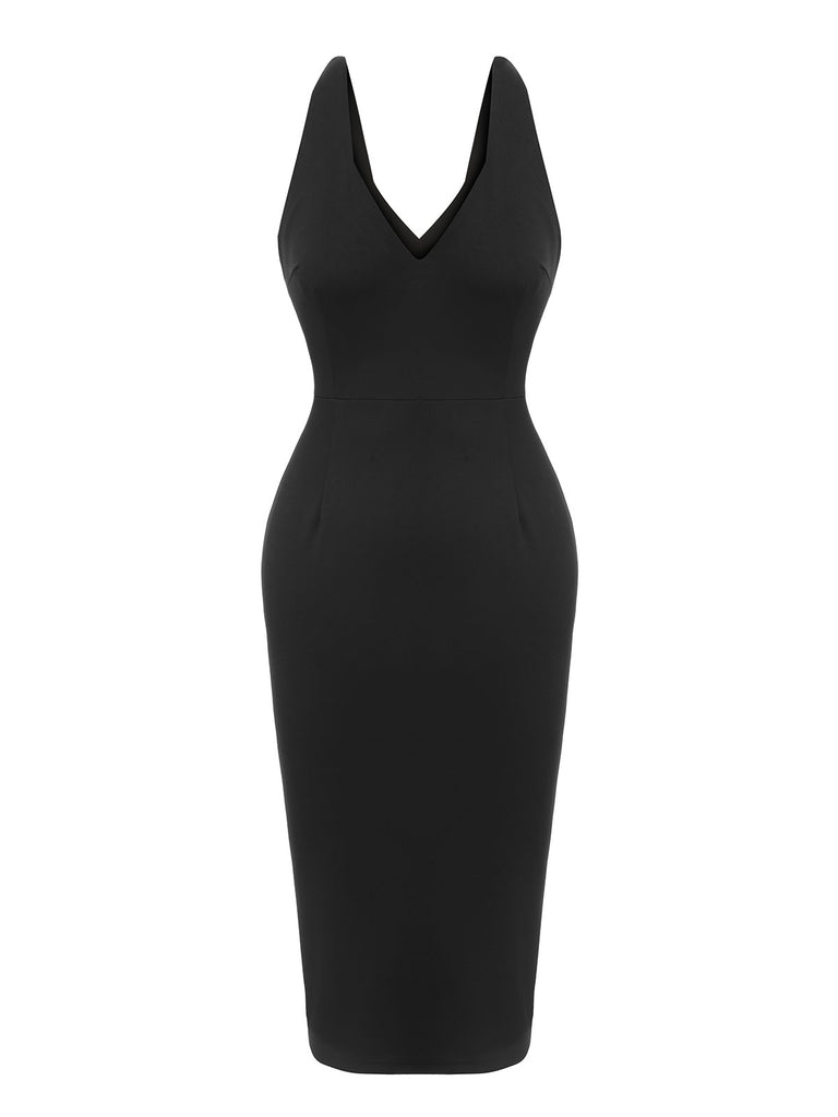 Black 1960s V-Neck Solid Bodycon Dress