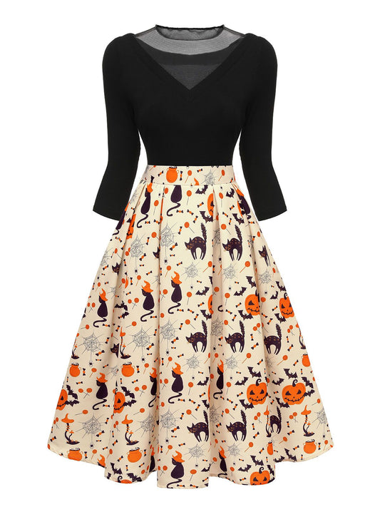 1950s Halloween Pumpkin Cat Knitted Top Patchwork Dress