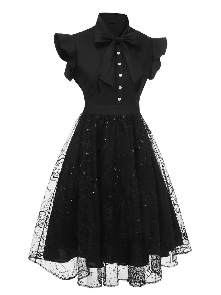 Black 1950s Sequined Spider Mesh Dress