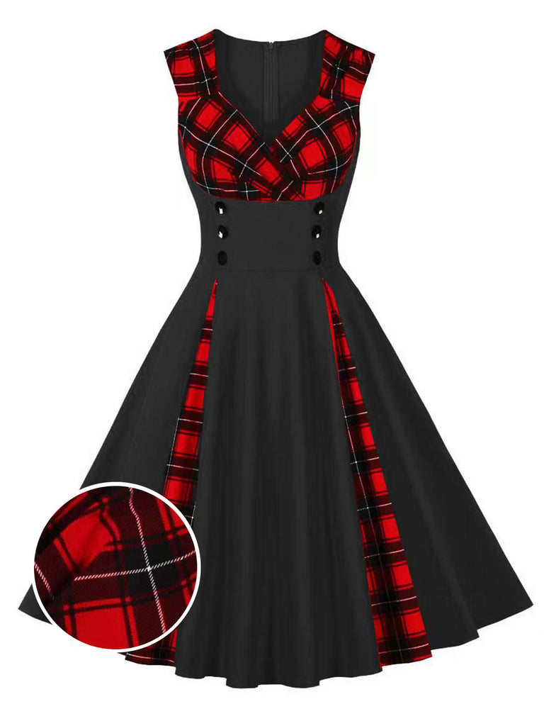 Red & Black 1950s Plaid V-Neck Dress