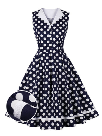 Navy Blue 1950s Polka Dots Lapel Dress