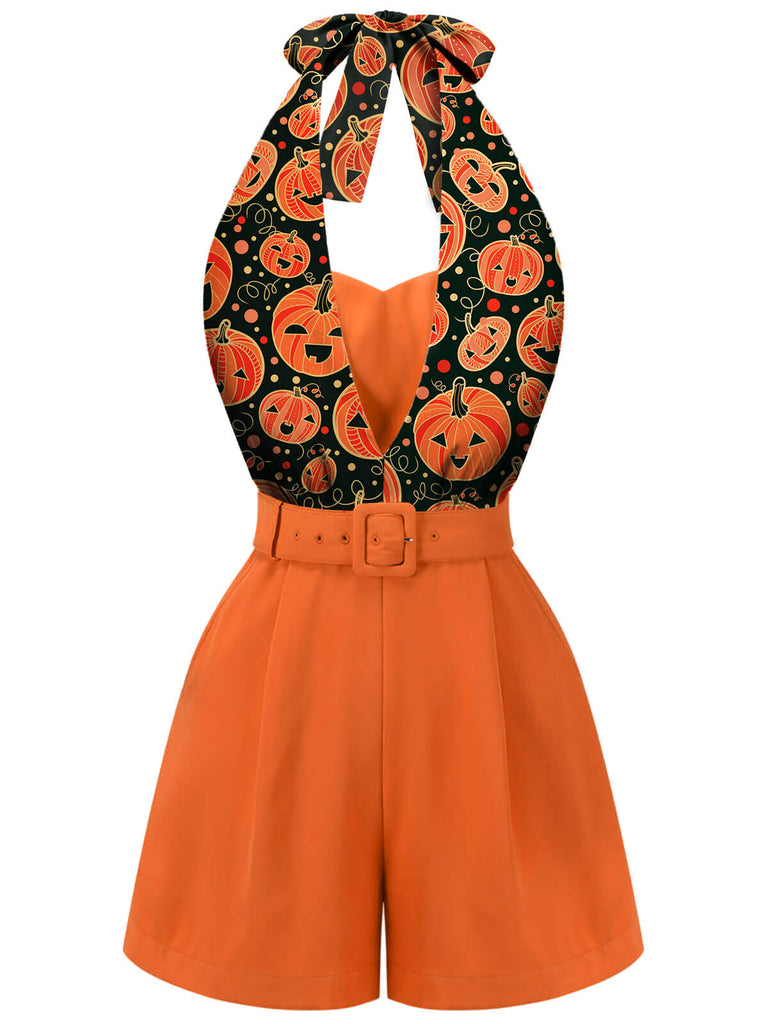 Orange 1950s Halloween Pumpkin Halter Romper