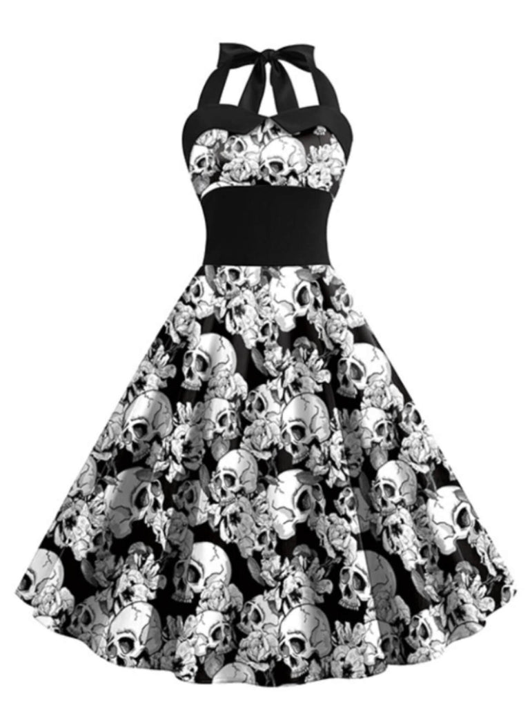 Black & White 1950s Halloween Skull Halter Dress