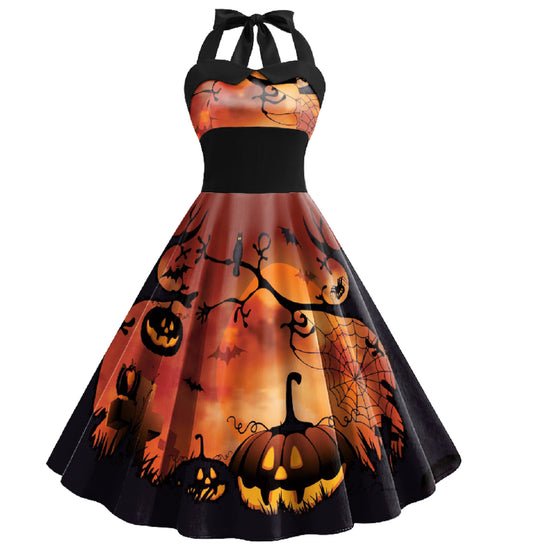 1950s Halloween Halter Patchwork Swing Dress