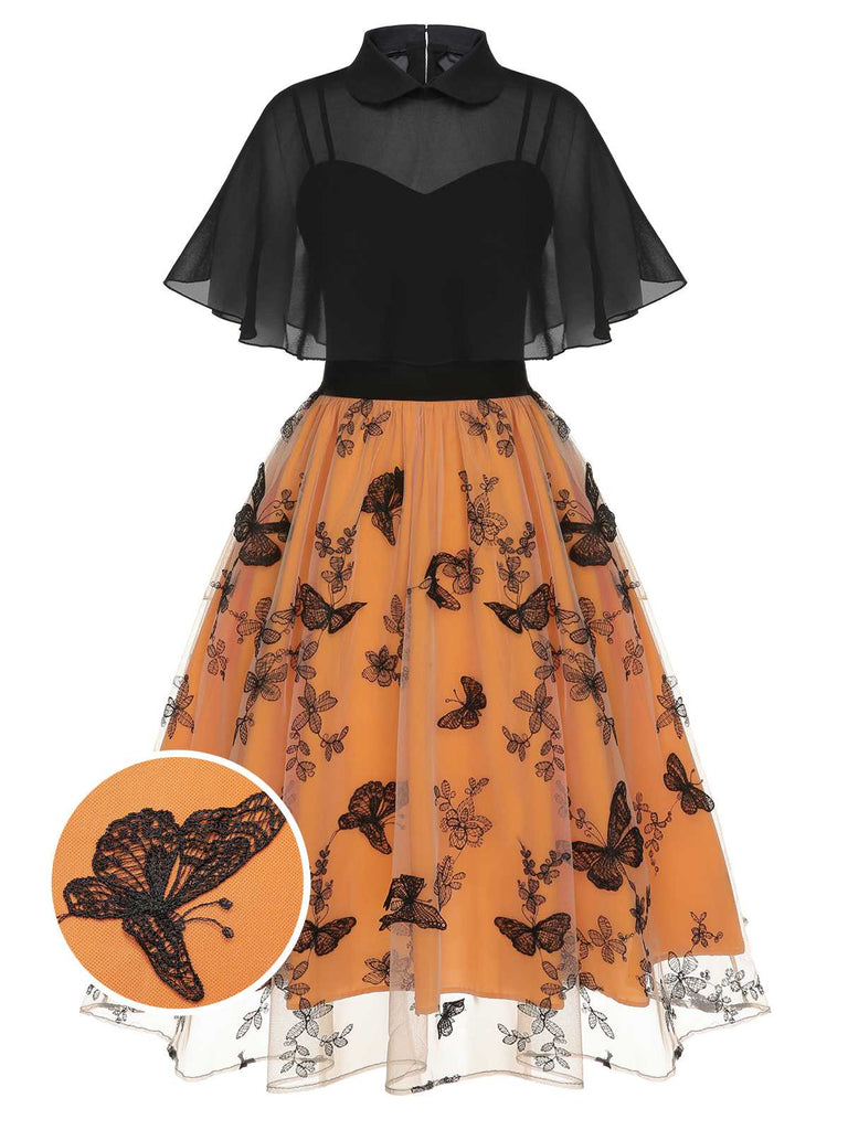 Black & Orange 1950s 3D Butterfly Cloak Dress