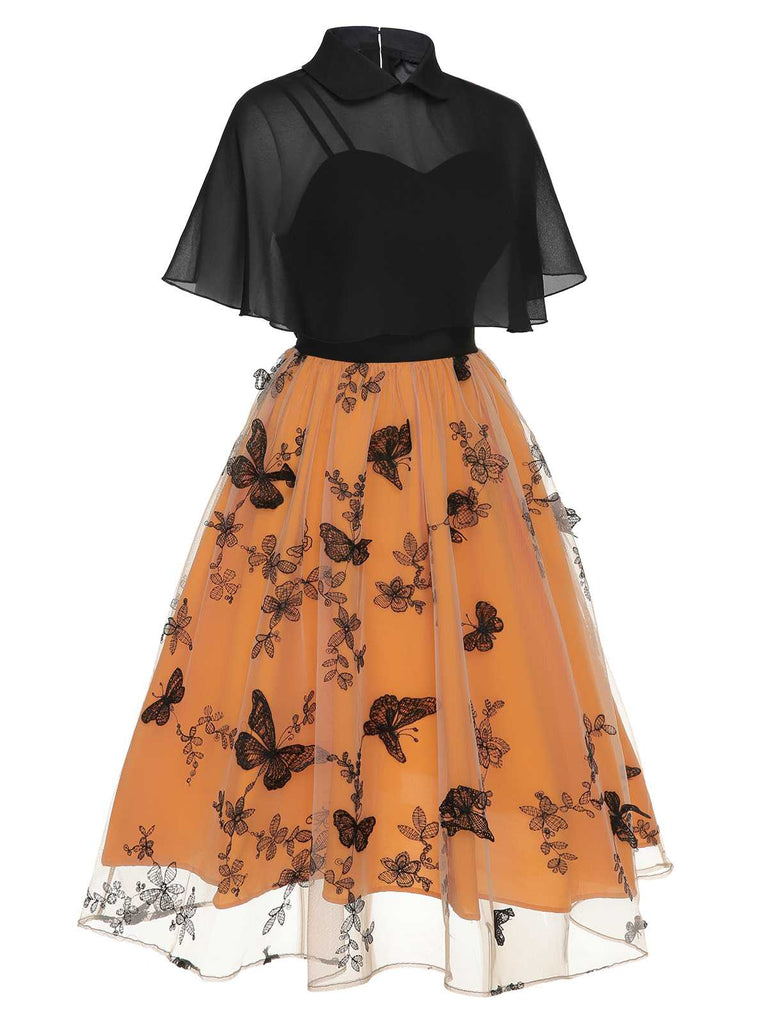 Black & Orange 1950s 3D Butterflys Cloak Dress