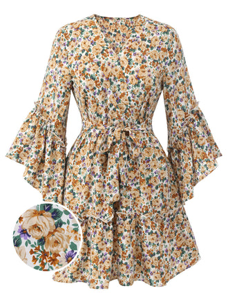 1960s Floral Flared Long Sleeve Dress With Belt