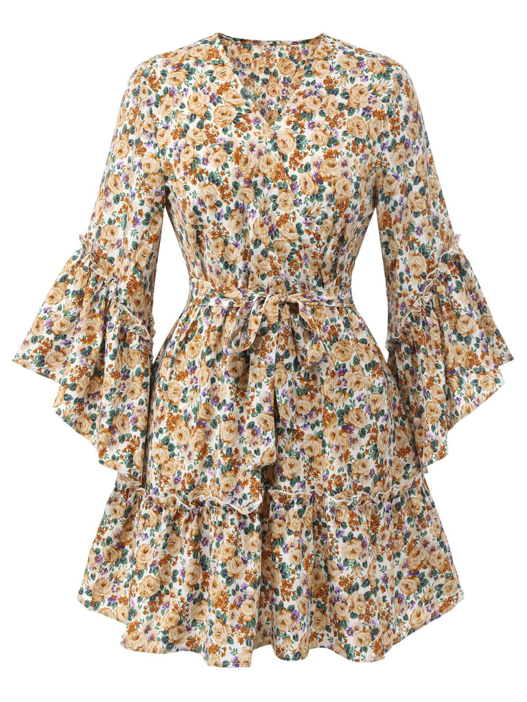 1960s Floral Flared Long Sleeve Dress With Belt
