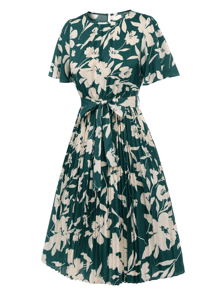 Green 1940s Floral Pleated Belt Dress