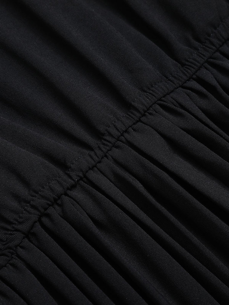 Black 1940s Solid Flying Sleeve Pleated Dress