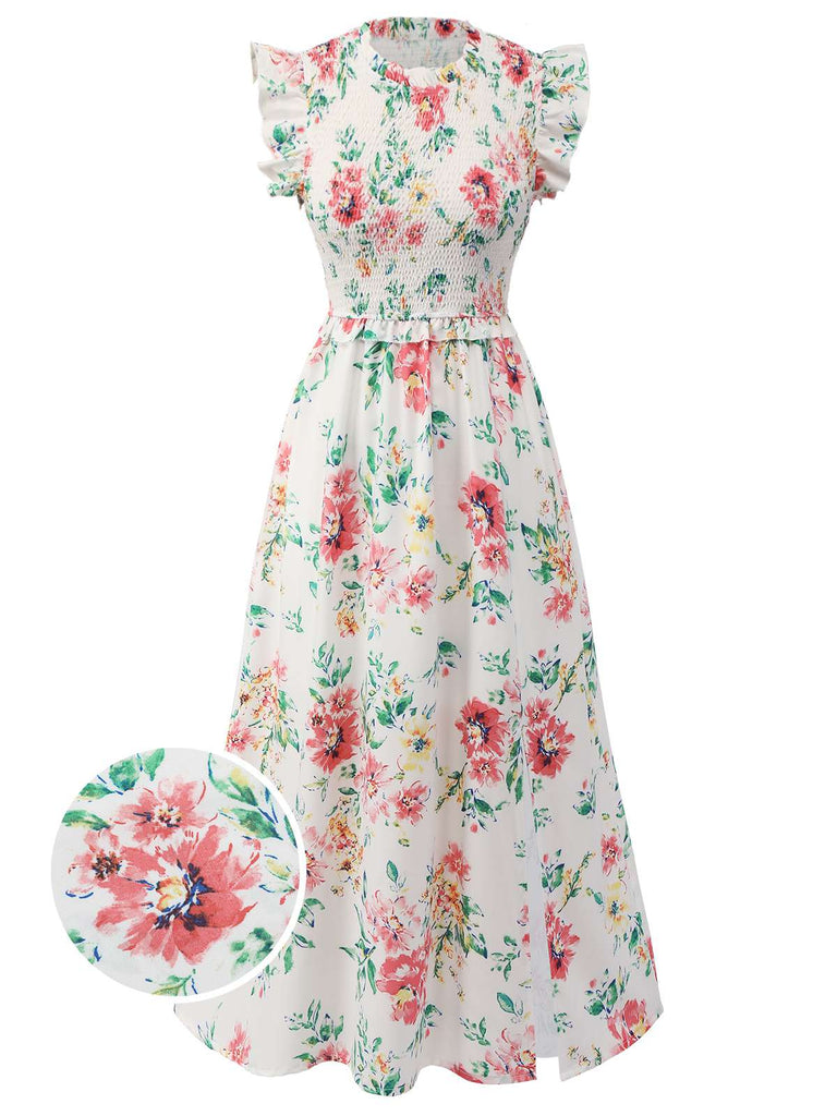 White 1940s Sleeveless Floral Ruffles Dress