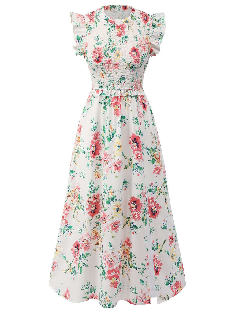 White 1940s Sleeveless Floral Ruffles Dress