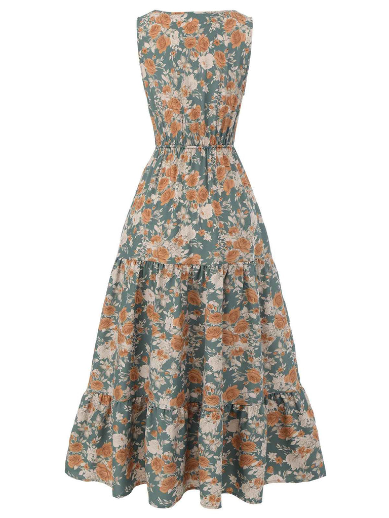 1930s V-Neck Floral Sleeveless Dress