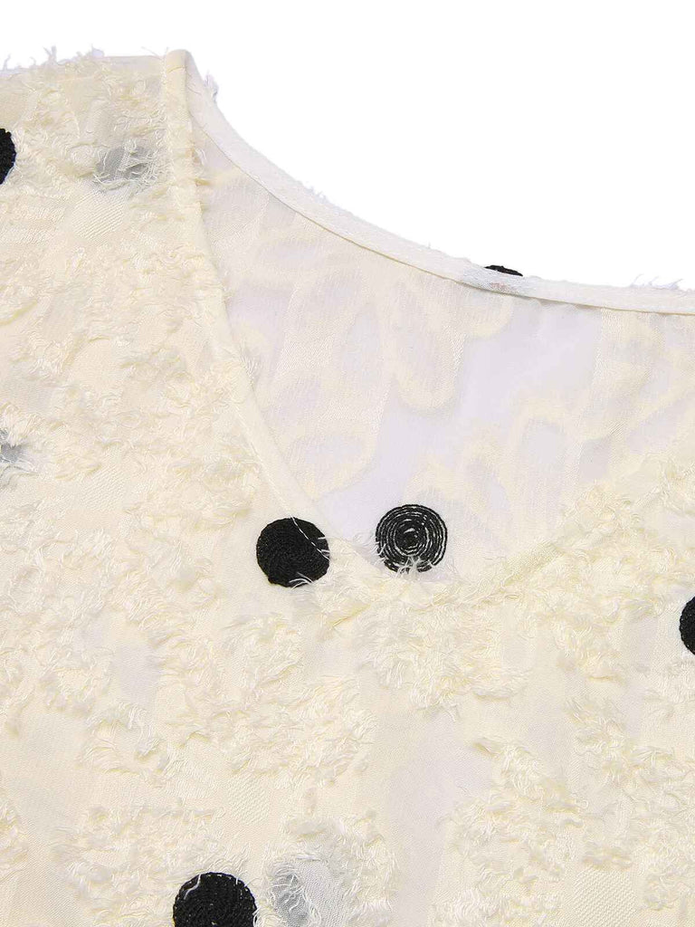 Creamy White 1950s Polka Dots Elastic Cuff Top