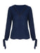 Navy Blue 1950s Solid Lace Patchwork V-Neck Tops