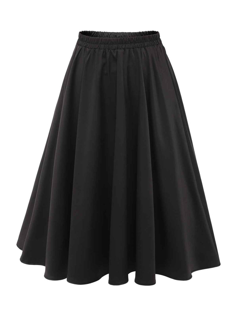 Black 1950s Solid Elastic Waist Pleated Skirt