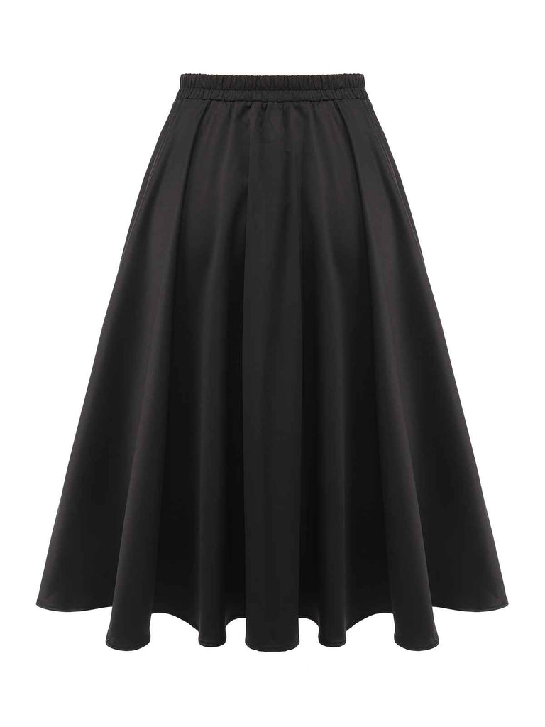 Black 1950s Solid Elastic Waist Pleated Skirt