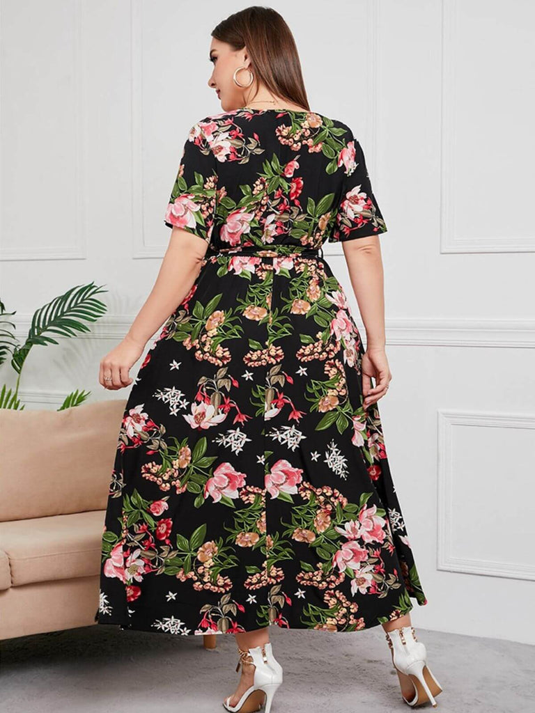 [Plus Size] Multicolor 1940s Floral V-Neck Tie-Up Dress