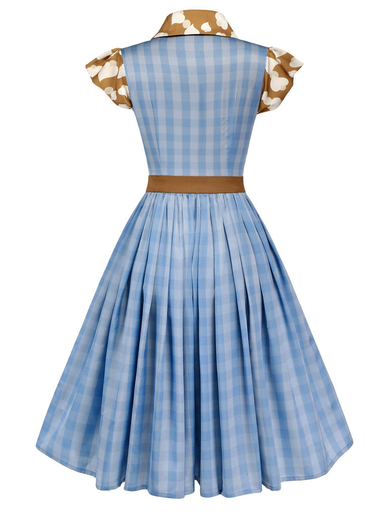 Blue 1950s Lapel Bow Decor Plaids Patchwork Dress