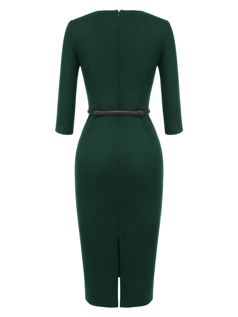 [Pre-Sale] Green 1960s Solid Boat Neck Wrap Dress